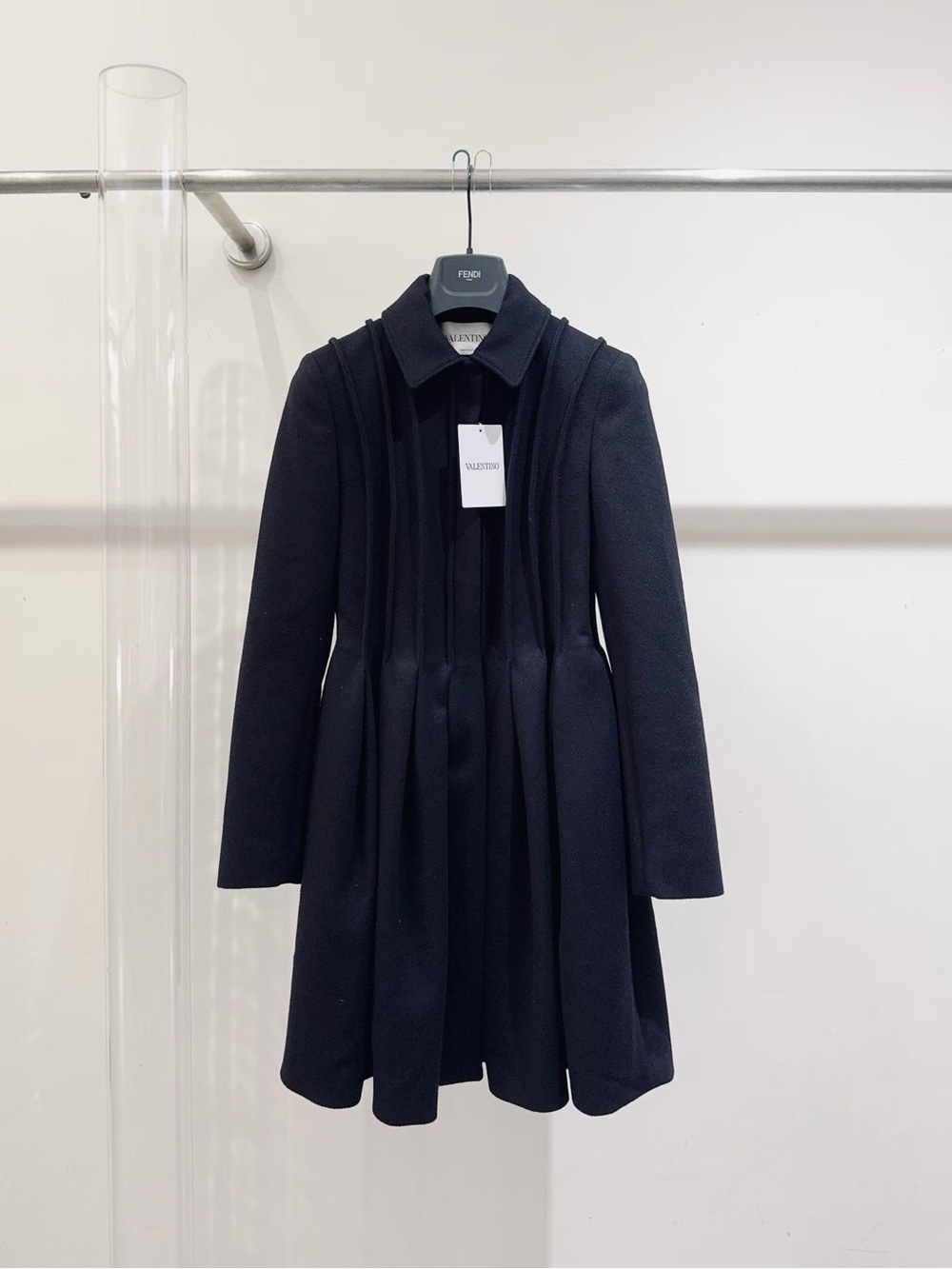 🚩steal Valentino Navy Pleated Wool-Blend Long Coat